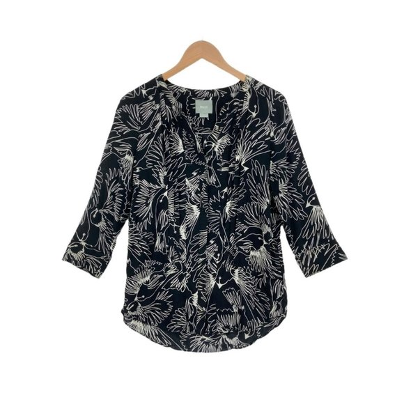 Maeve Women Black/White 3/4 Sleeve V-Neck Inside Button Front Blouse Top Size 2 - Picture 1 of 8
